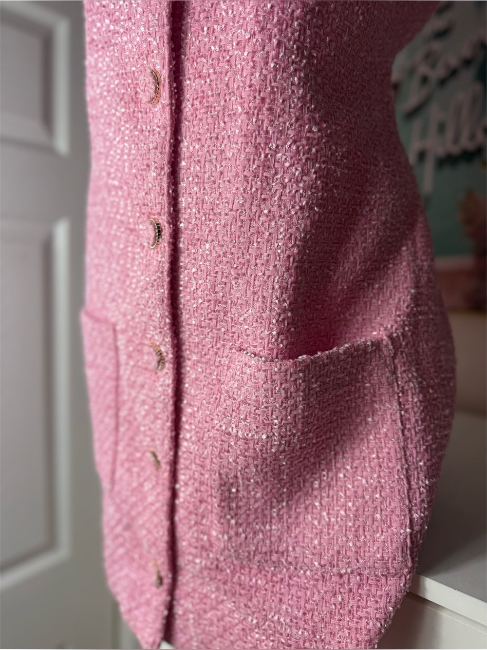 Endless Rose Pink Tweed Mini Dress Sleeveless Button Front Pockets Size Large - Picture 9 of 12